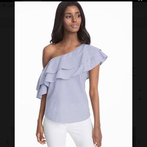 White House Black Market Ruffled One-Shoulder Stripe Poplin Top Size 8